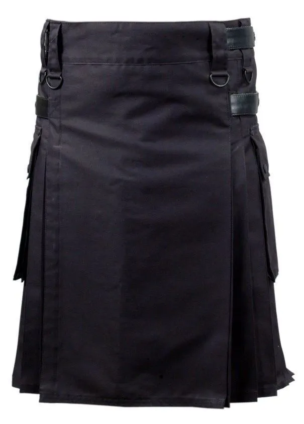 Handcrafted men's Black Fashion Utility Kilt front view close up