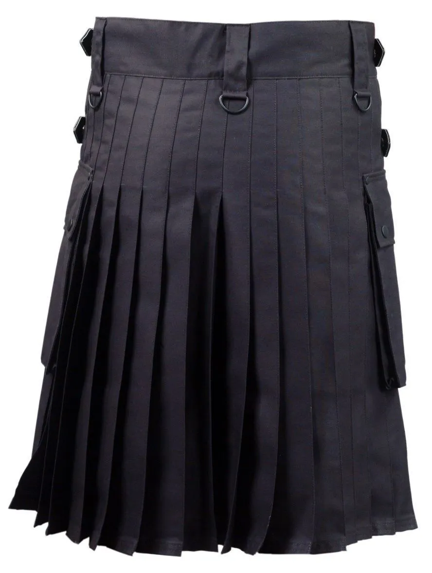 Handcrafted men's Black Fashion Utility Kilt back view close up