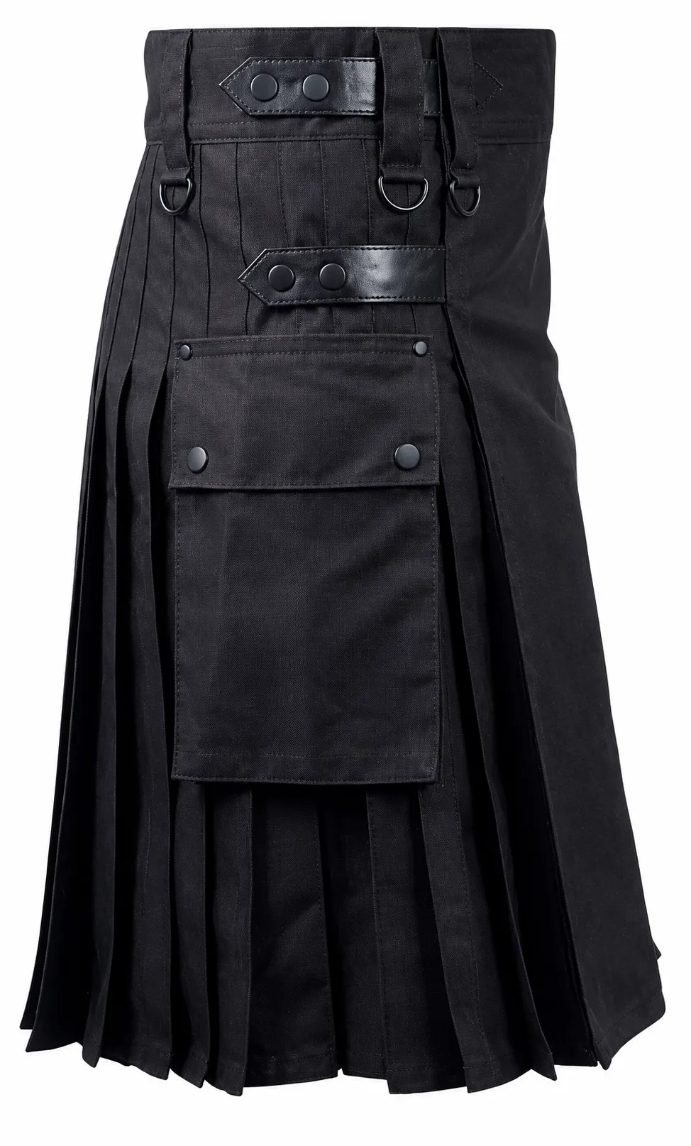 Handcrafted men's Black Fashion Utility Kilt side view close up