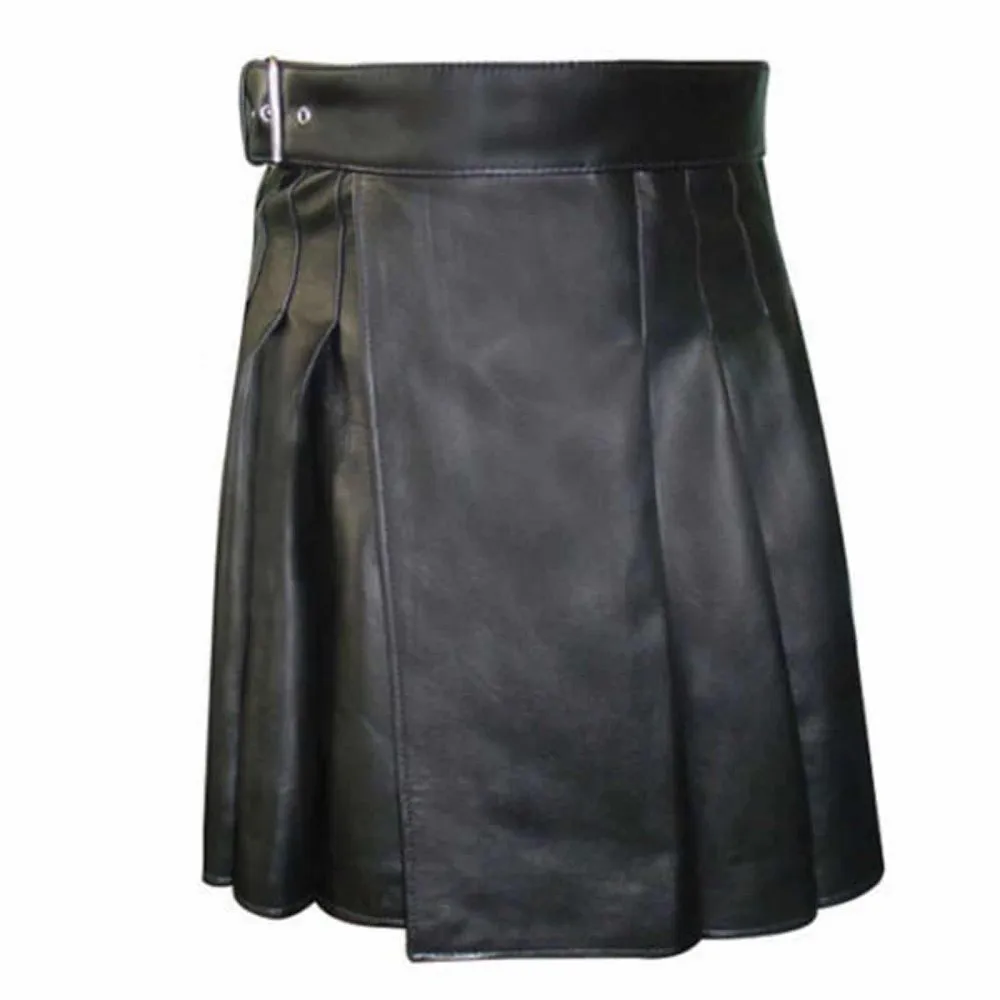 Handcrafted men's Black leather Kilt front view close up