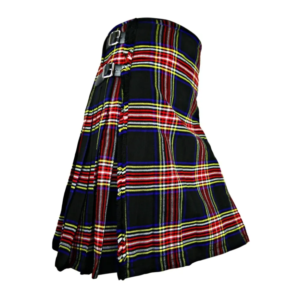 Handcrafted men's Black Stewart tartan kilt side view close up