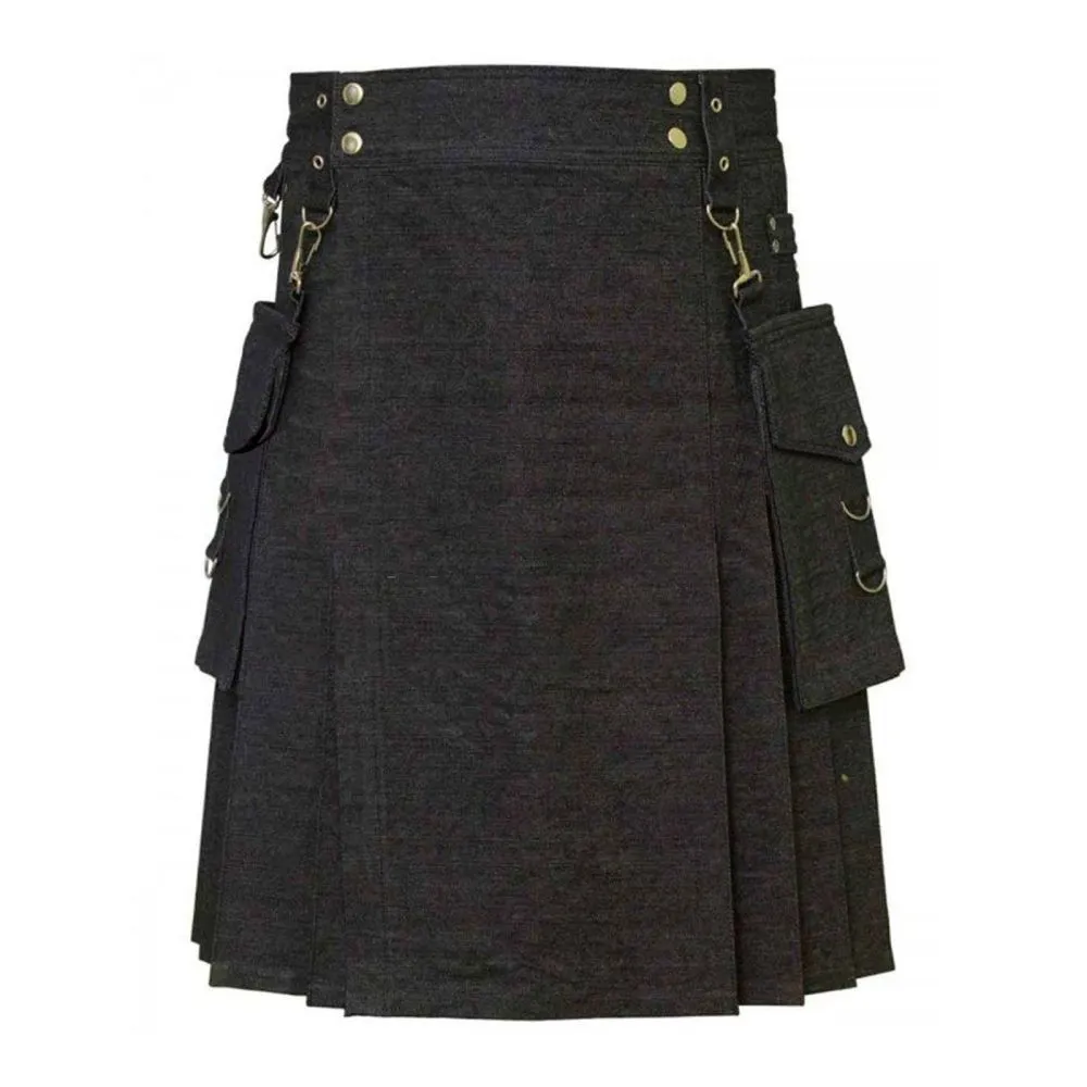 Handcrafted men's Charcoal denim utility kilt front view close up