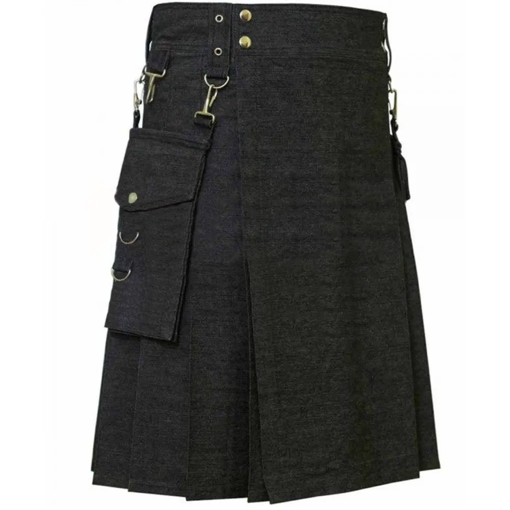 Handcrafted men's Charcoal denim utility kilt right side view close up