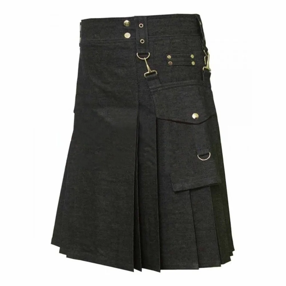 Handcrafted men's Charcoal denim utility kilt left side view close up