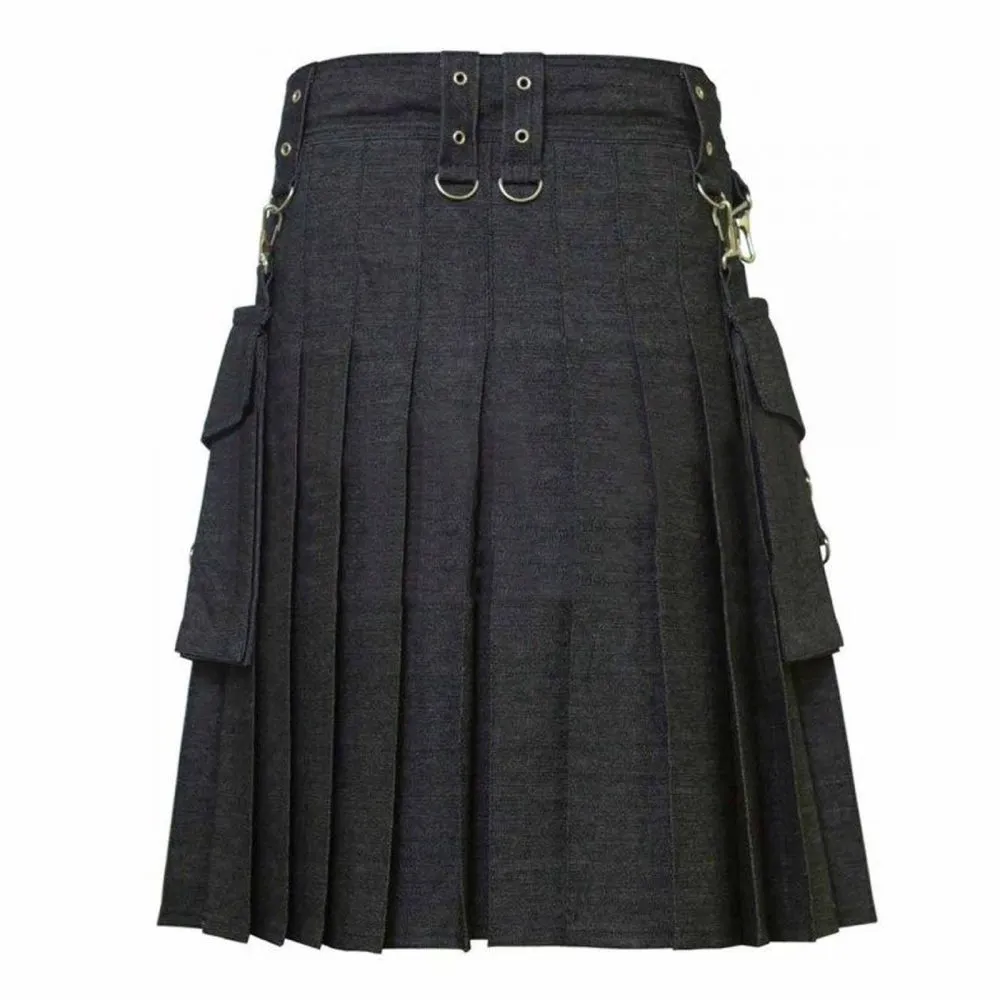 Handcrafted men's Charcoal denim utility kilt back view close up