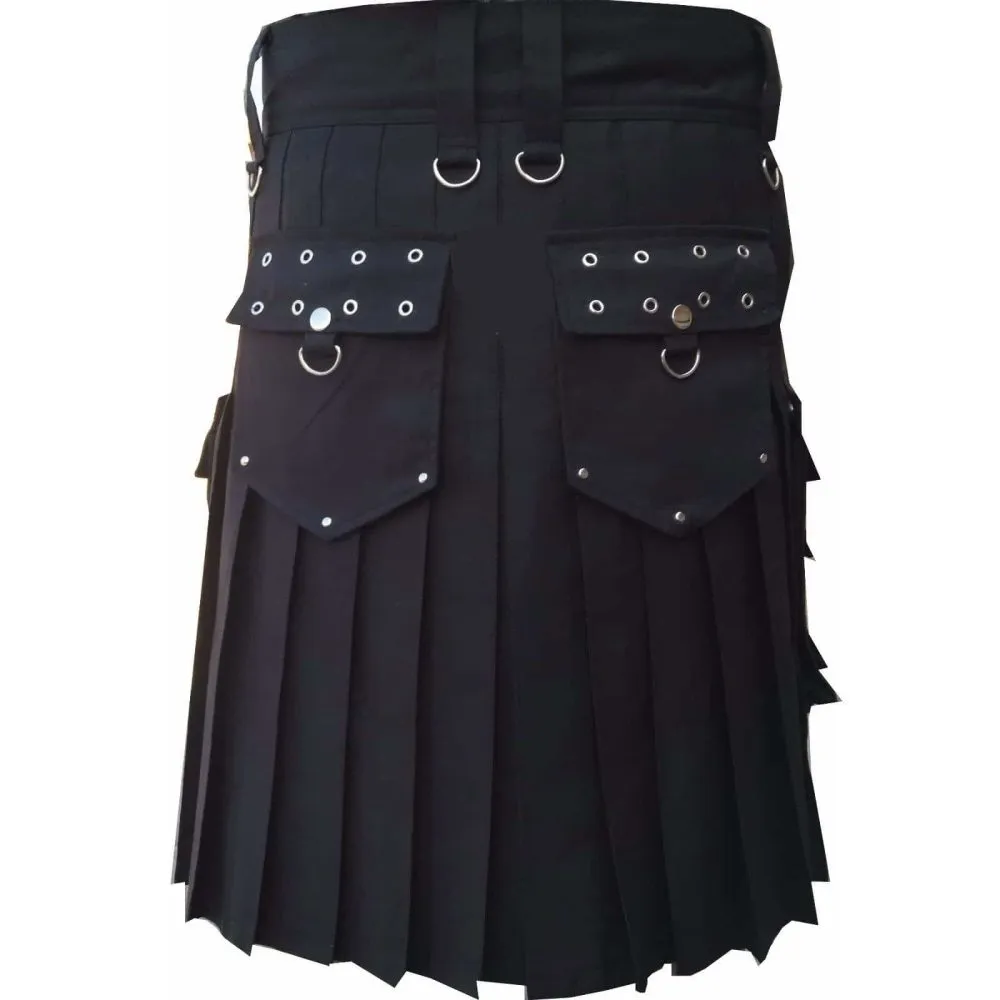Handcrafted men's black gothic utility kilt back view close up