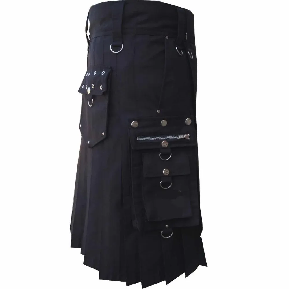 Handcrafted men's black gothic utility kilt left side view close up