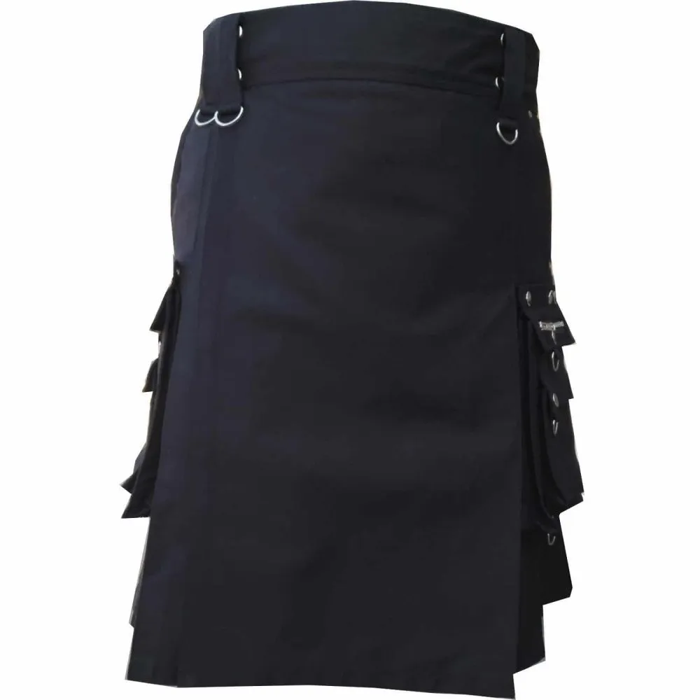 Handcrafted men's black gothic utility kilt front view close up