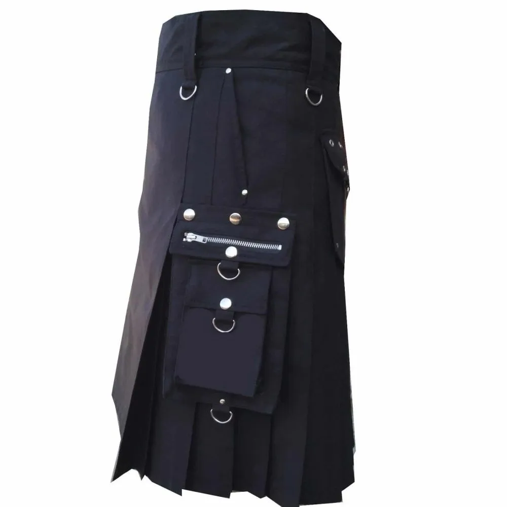 Handcrafted men's black gothic utility kilt right side view close up