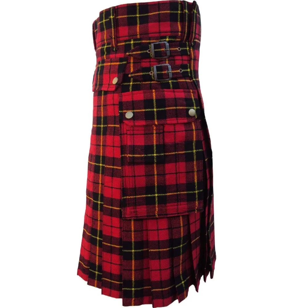 Handcrafted men's wallace tartan utility kilt side view close up